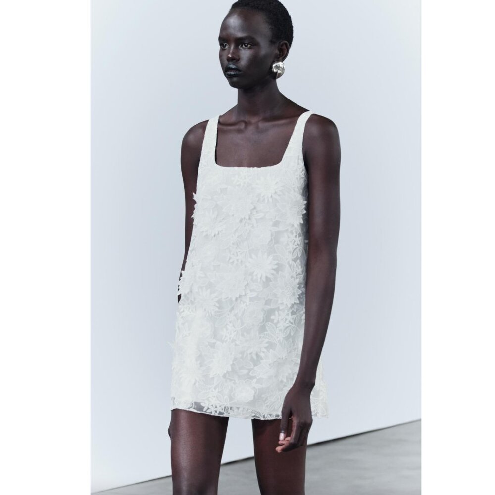 Zara 3D Floral Mini Short Dress Oyster White Sz S NWT - Picture 14 of 15